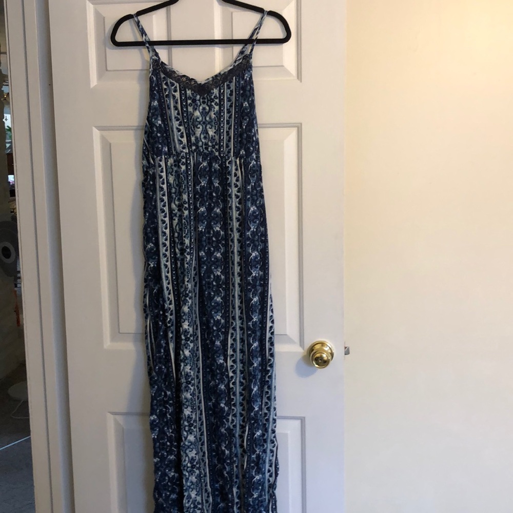 Blue maxi dress with slits and lace up back